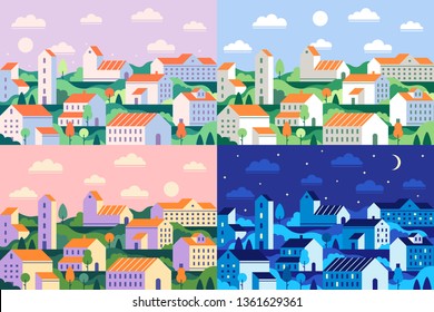 Minimal style town. Geometric minimalist city, daytime cityscape and night townscape. Geometrical residential houses, town building or house district. Flat vector illustration set