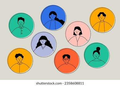 Retrato de carácter vector de estilo mínimo en la colección de círculos. Jóvenes sonrientes y felices con el pelo negro en un fondo colorido.