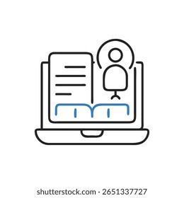 A minimal style vector icon displays a laptop with an open book and user profile. Flat design with black and blue lines.