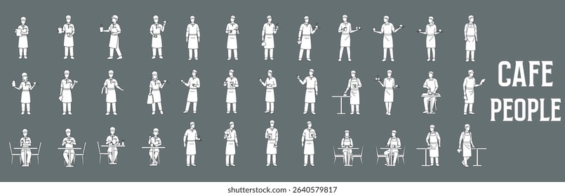 Minimal Style Vector Illustration of Cafe People in Front View for Use in Architectural Drawings, Including Sections, Elevations, and Floor Plans for Coffee Shop and Hospitality Space Design

