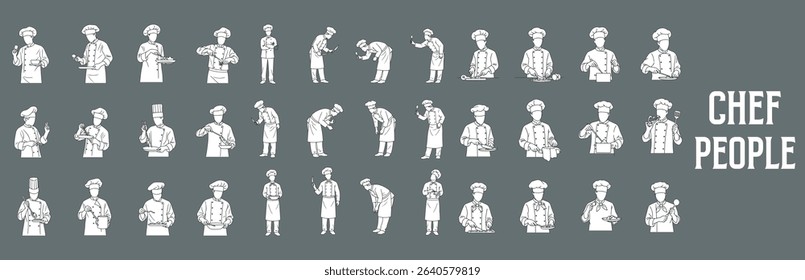 Minimal Style Vector Illustration of Chef and Kitchen Staff Figures in Front View for Use in Architectural Drawings Including Sections, Elevations, and Floor Plans for Restaurant and Hospitality Desig
