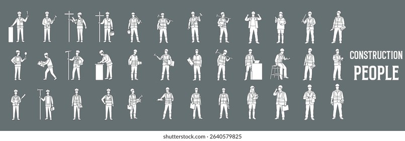 Minimal Style Vector Illustration of Construction and Architectural People in Front View for Use in Floor Plans, Elevations, and Sections in Architectural Drawings and Technical Presentations

