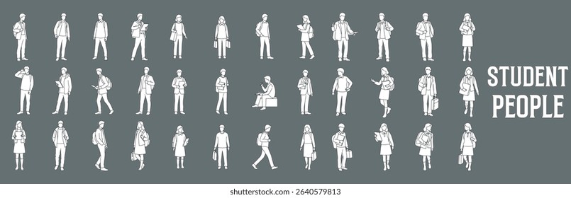 Minimal Style Vector Illustration of Student Figures in Front View for Architectural Drawings Including Sections, Elevations, and Floor Plans, Ideal for Educational and Institutional Design Projects

