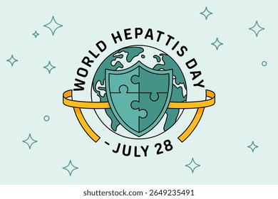 Crachá de dia de hepatite mundial de estilo minimal com globo e vetor de fita para a campanha de saúde internacional de 28 de julho