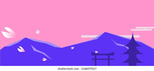 Minimal Styled Sakura Blossom Petals floating over mountains, with Torii and Castle