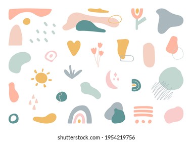 Minimal stylish cover template. Organic shapes set. Hand draw abstract design elements in pastel color. Art form for social media stories, branding, banner, decor. Bohemian style. Vector illustration.