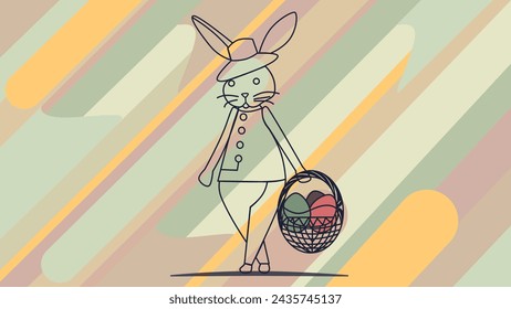 Minimal stylish illustration of an Easter bunny with a basket of colored eggs. Multicolored geometric background in spring colors.