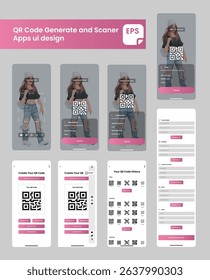 Minimal and stylish mobile UI design for QR code generator and scanner apps. Includes code creation, scanning, history, and social contact input pages.
