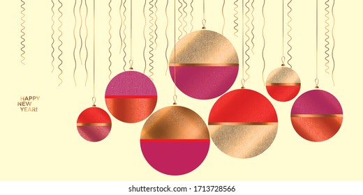 Minimal stylish red and pink xmas tree balls composition. Elegant masculine new year design for card, header, invitation, poster, social media, post publication.