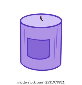  minimale, stilisierte lila Kerze mit einem dunkleren lila Etikett auf der Seite. Es hat eine flache Oberseite ohne Flamme. ideal für Symbole, Grafiken oder Produktdesigns.