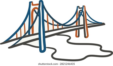 Minimal stylized suspension bridge illustration with sweeping blue cables, orange support towers, and gray roadway lines. The bridge is shown in a clean geometric design on a white background with abstract black contour lines below, creating a modern architectural concept