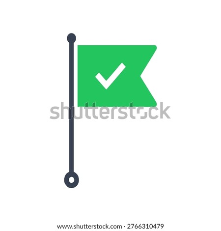 Minimal success flag icon with simple flag and check mark. Clean flat design ideal for goals, achievements, task completion, project milestones, and UI progress systems.