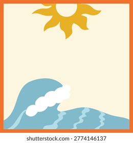 Minimal summer background with stylized blue ocean waves, white sea foam and a warm yellow sun inside an orange frame. Versatile flat illustration for posters, invitations, social media and travel design.