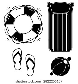 Minimal summer beach accessory illustration featuring lifebuoy inflatable mattress flip flops and beach ball representing vacation relaxation seaside recreation tourism and outdoor seasonal leisure activities.