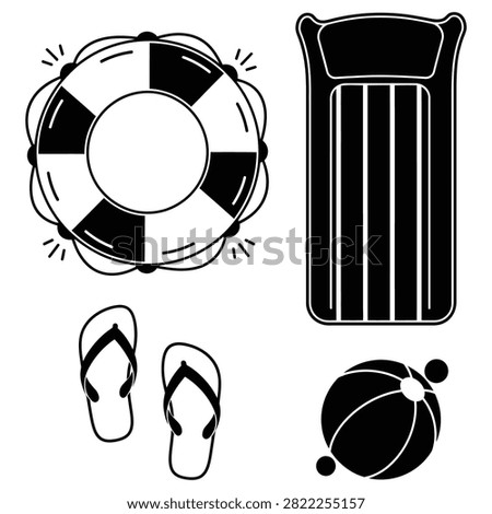 Minimal summer beach accessory illustration featuring lifebuoy inflatable mattress flip flops and beach ball representing vacation relaxation seaside recreation tourism and outdoor seasonal leisure activities.