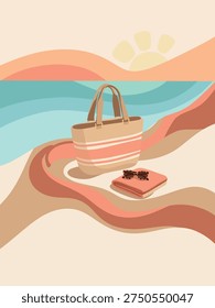 Minimal summer beach illustration featuring a striped tote bag, sunglasses, and folded towel near the ocean at sunset. Ideal for travel advertising, vacation promotions, summer campaigns, posters, and social media graphics.