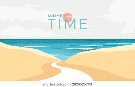 Minimal summer beach landscape with sandy dunes, winding path, blue ocean waves, pale sky and sun. Coastal travel, seaside vacation, relaxing scenery and peaceful seasonal concept. Vector illustration