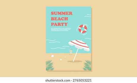 Minimal Summer Beach Party Poster with Umbrella Float and Ocean Elements Clean Tropical Event Design Collection