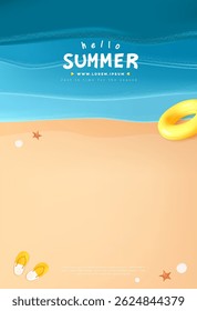 Minimal summer beach poster with soft waves, starfish, sandals, float ring, and seashells on sand. Perfect for seasonal promotions, travel ads, and summer backgrounds.