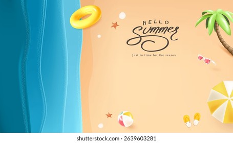 Minimal summer beach poster with soft waves, starfish, sandals, float ring, and seashells on sand. Perfect for seasonal promotions, travel ads, and summer backgrounds.