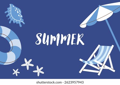 Minimal summer card with blue background. Deck chair, beach umbrella, seashell and lifebuoy in simple flat style. Seasonal banner or summer holiday greeting card.
