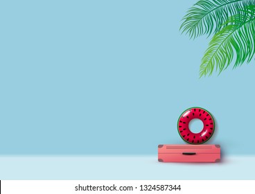 Minimal summer concept design of luggage and inflatable watermelon with copy space vector illustration