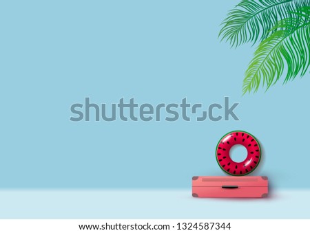 Minimal summer concept design of luggage and inflatable watermelon with copy space vector illustration