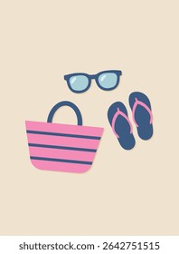 Minimal Summer Essentials Illustration – Sunglasses, Beach Bag, and Flip-Flops in Flat Design. Ideal for summer-themed prints, travel blogs, graphics, tropical event posters, beach party invites