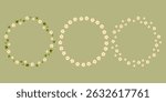 Minimal Summer Floral Wreath Trio featuring three delicate circular frames composed of tiny cartoon flowers and leaves, drawn in flat minimal style on an olive green background.