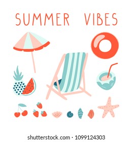 Minimal summer illustration set with lettering. Beach collection. Vector template.