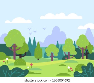 Minimal summer landscape. Nature park and forest plants, leaves and flowers. Mountain scenery for banner, greeting card flat vector horizontal minimalistic background