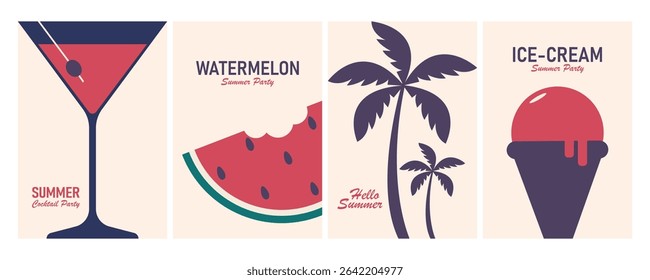 Minimal Summer Party Poster Set – Cocktail, Watermelon, Palm Tree, and Ice Cream Illustrations. Ideal for invitations, event posters, social media graphics, wall decor, festival, cafe menu and flyer.