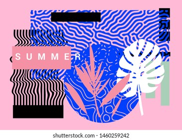 Minimal Summer poster with palm leaves and abstract geometric organic shapes in subtle juicy pastel tones. Vaporwave neo-memphis bauhaus design.