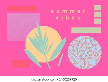 Minimal Summer poster with palm leaves and abstract geometric organic shapes in subtle juicy pastel tones. Vaporwave neo-memphis bauhaus design.
