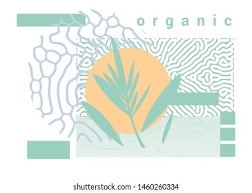 Minimal Summer poster with palm leaves and abstract geometric organic shapes in subtle juicy pastel tones. Vaporwave neo-memphis bauhaus design.