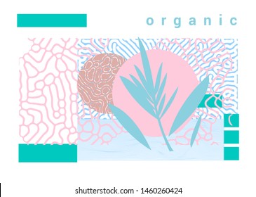 Minimal Summer poster with palm leaves and abstract geometric organic shapes in subtle juicy pastel tones. Vaporwave neo-memphis bauhaus design.