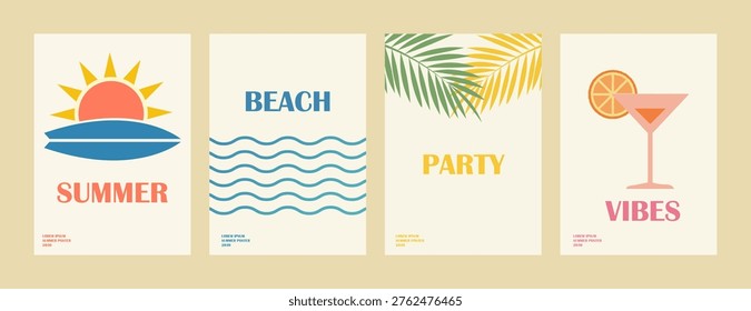 Minimal Summer Poster Set with Sun Waves Leaf and Drink Elements Clean Seasonal Design Collection