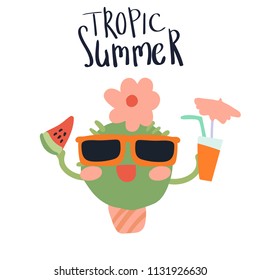 Minimal summer succulent vector illustration art in scandinavian style. Kawaii cactus in sunglasses with orange juice glass and watermelon. Handwritten lettering phrase Tropic Summer isolated on white