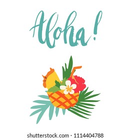 Minimal summer trendy vector illustration in scandinavian flat style. Exotic pineapple cocktail with mint, flowers, straw. Handwritten lettering Aloha. Palm leafs. Design elements isolated on white.