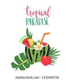 Minimal summer trendy vector illustration in scandinavian flat style. Exotic watermelon cocktail with mint, flowers, straw. Handwritten lettering Tropical Paradise. Design elements isolated on white.