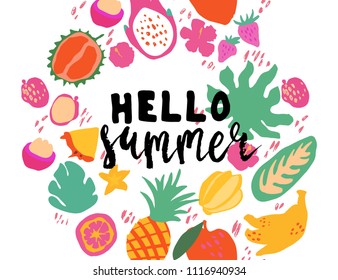 Minimal summer trendy vector illustration art in scandinavian style. Exotic fruits, palm leaf, hibiscus and dots. Handwrittern lettering phrase Hello Summer