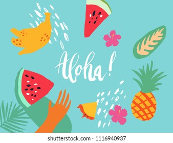 Minimal summer trendy vector illustration art in scandinavian style. Watermelon, pineapple, banana, palm leaf, hibiscus flower, hand and dots. Handwrittern lettering phrase Aloha