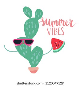 Minimal summer trendy vector illustration art in scandinavian style. Cute cactus in sunglasses with watermelon slice. Handwritten lettering phrase Summer Vibes isolated on white