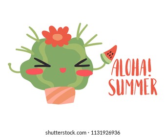 Minimal summer trendy vector illustration art in scandinavian style. Cute cactus in pot with watermelon slice. Handwritten lettering phrase Aloha Summer isolated on white