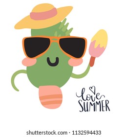 Minimal summer trendy vector illustration art in scandinavian style. Kawaii cactus in sunglasses and straw hat with ice cream. Handwritten lettering phrase Love summer isolated on white