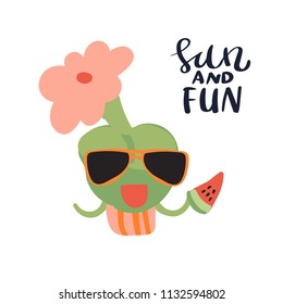 Minimal summer trendy vector illustration art in scandinavian style. Cute living stone cactus with flower in sunglasses watermelon slice. Handwritten lettering phrase Sun and Fun isolated on white