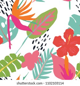 Minimal summer trendy vector tile seamless pattern in scandinavian style. Bird of paradise, hibiscus, laceleaf flowers, palm leafs. Textile fabric swimwear graphic design for pring.