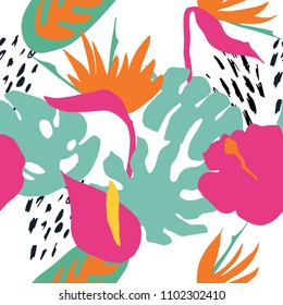 Minimal summer trendy vector tile seamless pattern in scandinavian style. Bird of paradise, hibiscus, laceleaf flowers, palm leafs. Textile fabric swimwear graphic design for pring.
