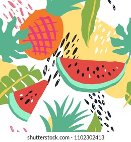 Minimal summer trendy vector tile seamless pattern in scandinavian style. Watermelon, pineapple, palm leafs, abstract elements. Textile fabric swimwear graphic design for pring.