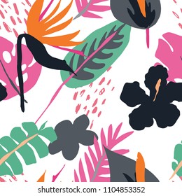 Minimal summer trendy vector tile seamless pattern in scandinavian style. Bird of paradise, hibiscus, laceleaf flowers, palm leafs. Textile fabric swimwear graphic design for pring.